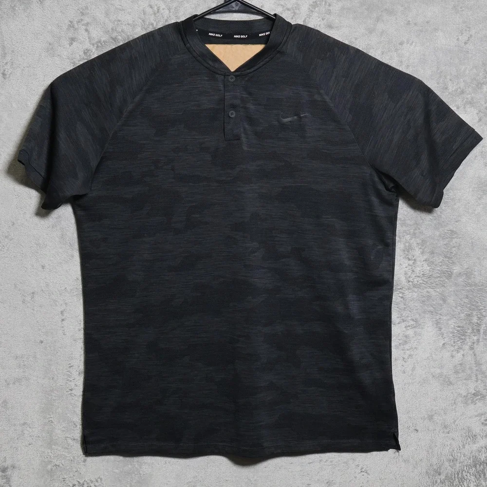 Nike Polo Shirt Mens Large Black Gray Camo Tiger Woods Golf Henley 932390-060 - Picture 2 of 11